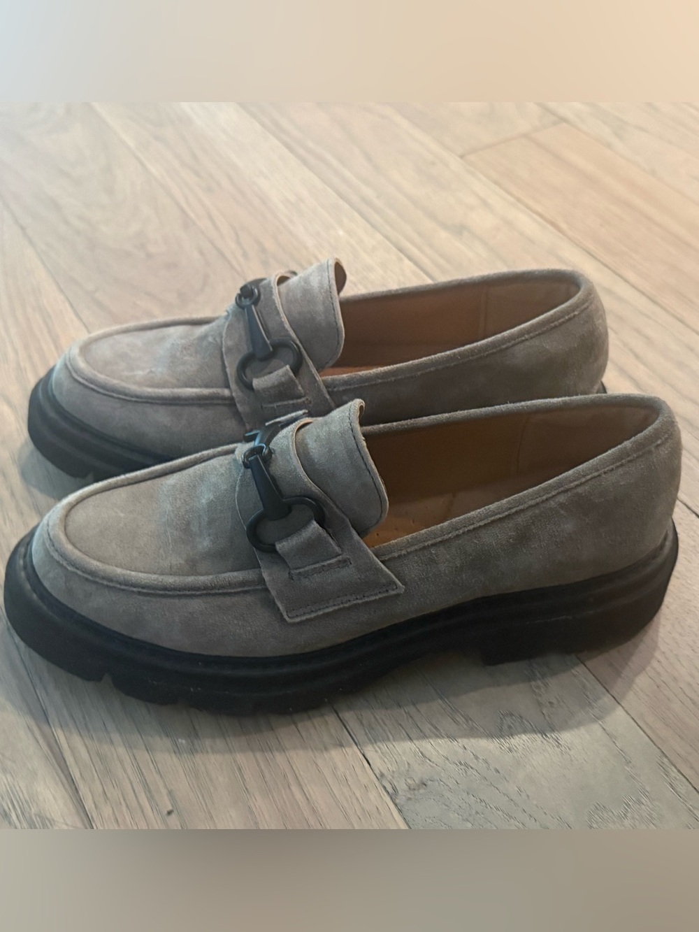 Gray Suede Sofft Women’s Loafer with Black Bit Detail